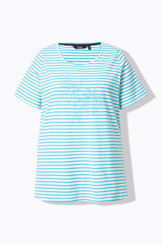 T-shirt à col rond et manches courtes. Broderie palmiers et rayures.