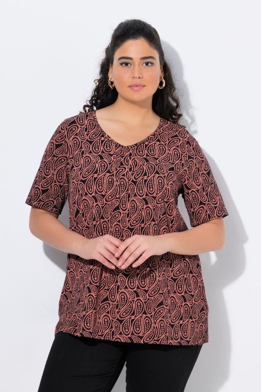 T-shirt avec plis fantaisie, silhouette en A évasée, col  en V et manches courtes