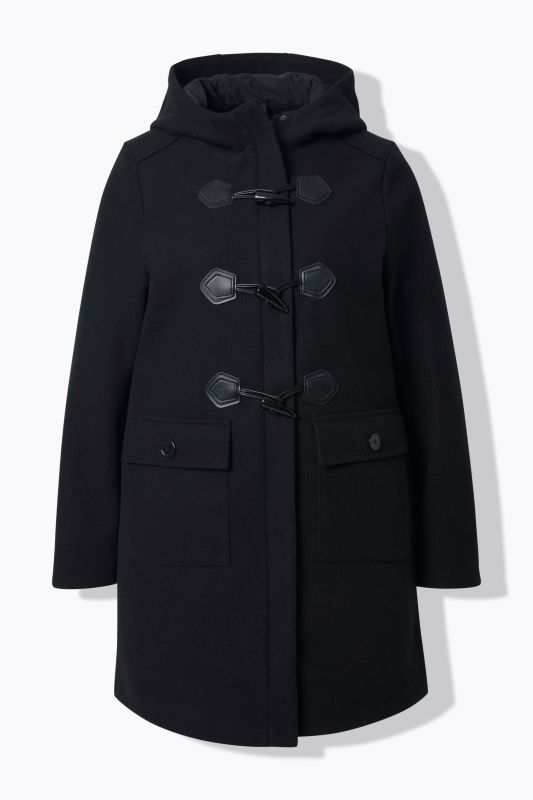 Duffle-coat, coupe évasée. Col montant et capuche. Boutons Brandebourg.