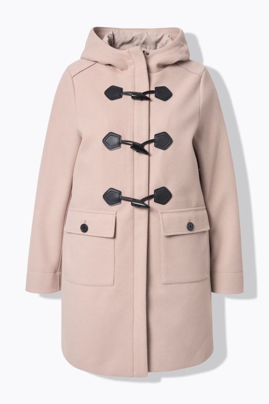 Duffle-coat, coupe évasée. Col montant et capuche. Boutons Brandebourg.