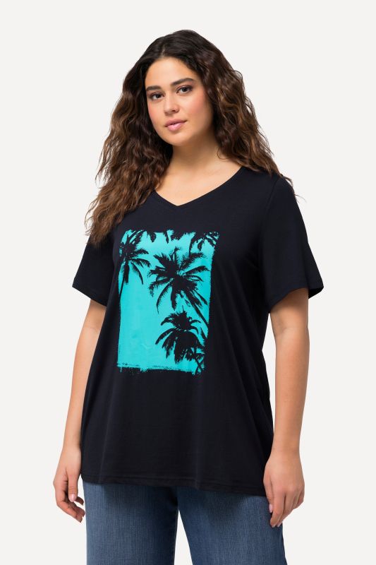 T-shirt à motif palmiers, ligne A. Col V et manches courtes