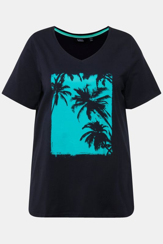 T-shirt à motif palmiers, ligne A. Col V et manches courtes