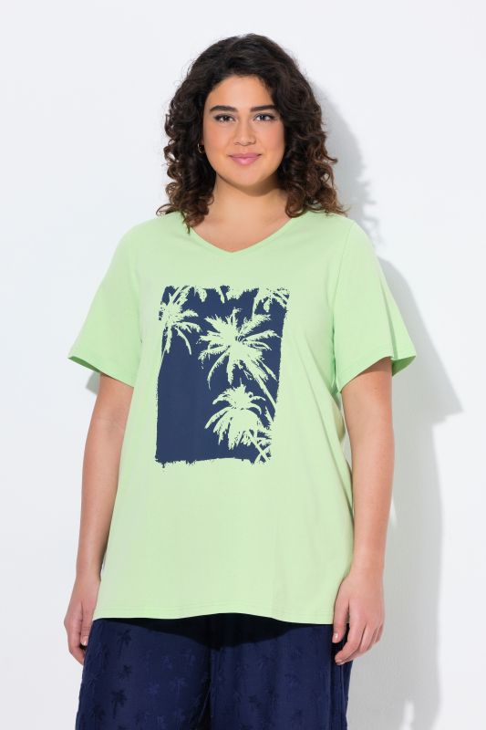 T-shirt à motif palmiers, ligne A. Col V et manches courtes