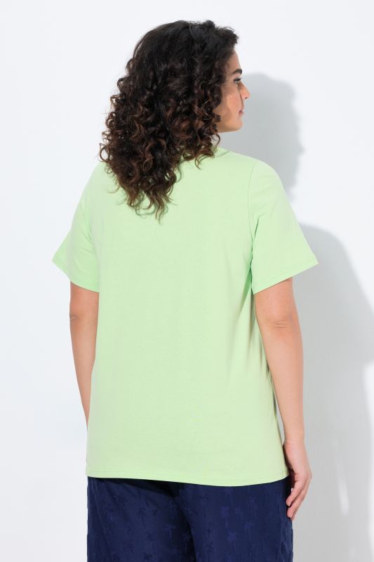 T-shirt à motif palmiers, ligne A. Col V et manches courtes