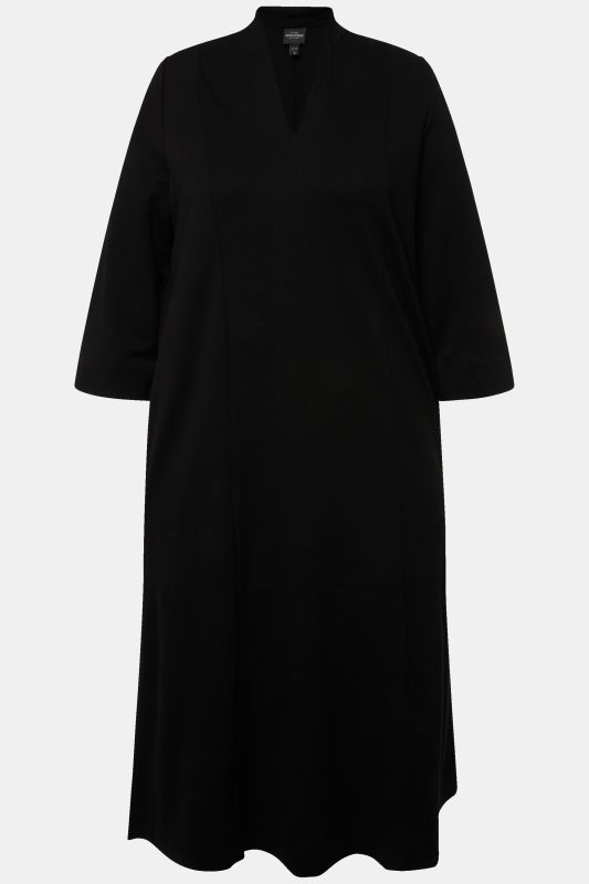 Robe midi point de Rome, manches 3/4, col calice et décolleté en V