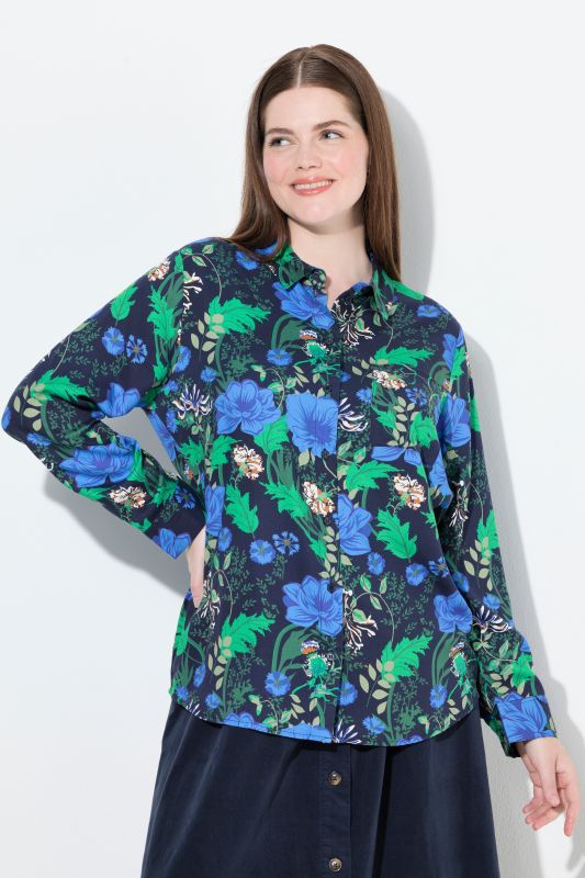 Chemisier imprimé champêtre, col chemise, manches longues