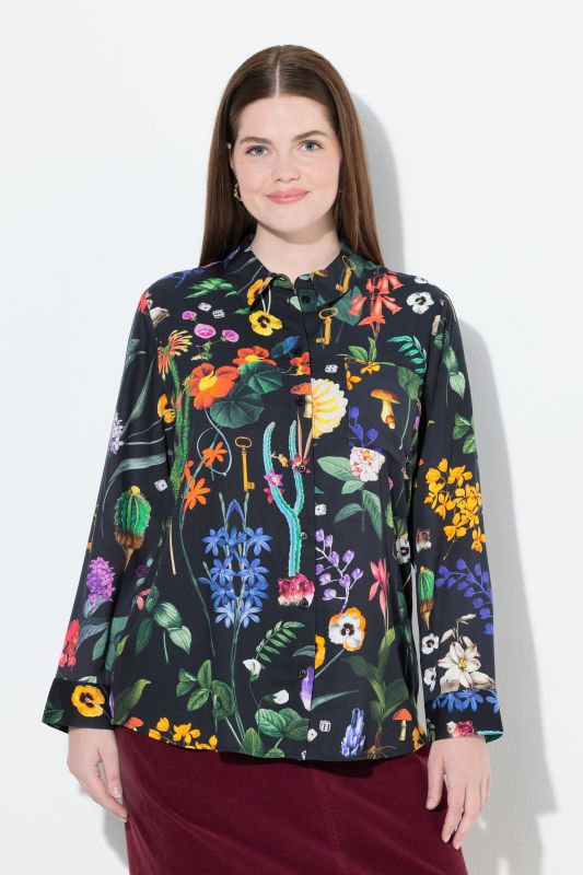 Chemisier imprimé champêtre, col chemise, manches longues