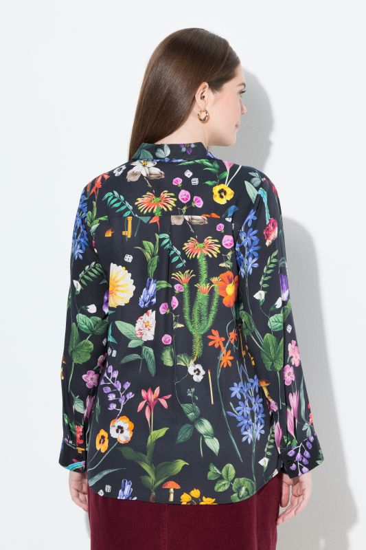 Chemisier imprimé champêtre, col chemise, manches longues