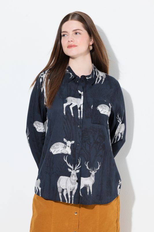 Chemisier imprimé champêtre, col chemise, manches longues