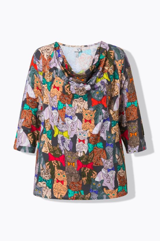 T-shirt col bénitier, imprimé chiens, manches 3/4
