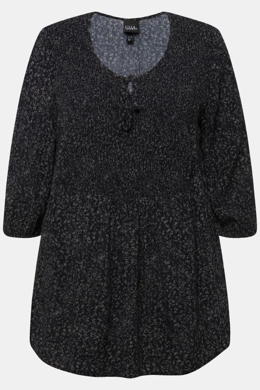 Blouse smockée à pois, décolleté rond et manches 3/4, coupe évasée