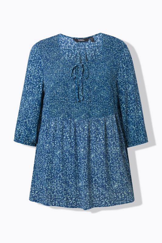 Blouse smockée à pois, décolleté rond et manches 3/4, coupe évasée