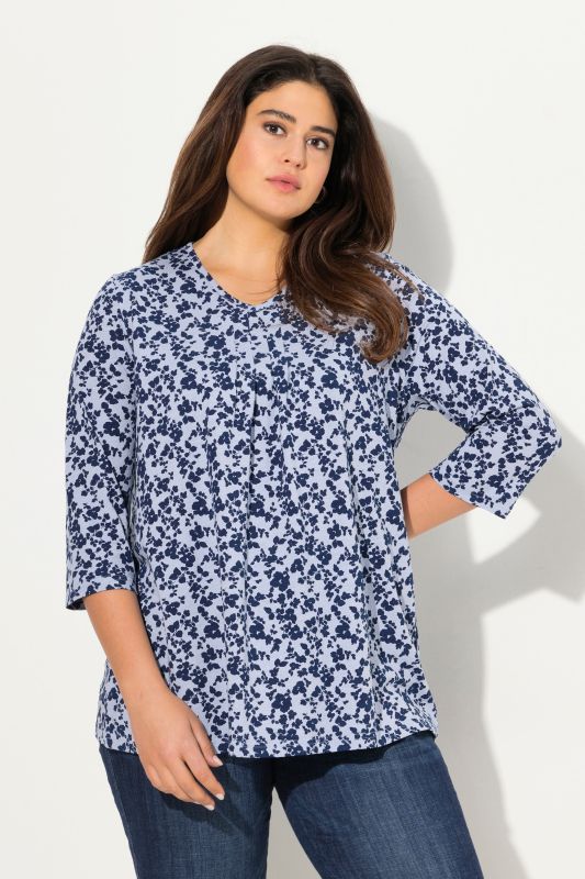 T-shirt avec plis fantaisie, décolleté en V et manches 3/4, coupe évasée