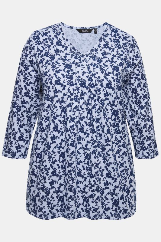 T-shirt avec plis fantaisie, décolleté en V et manches 3/4, coupe évasée
