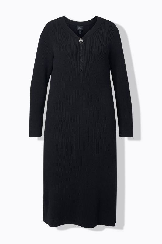 Robe midi en jersey bord-côte, coupe évasée, décolleté en V avec fermeture à glissière, manches longues