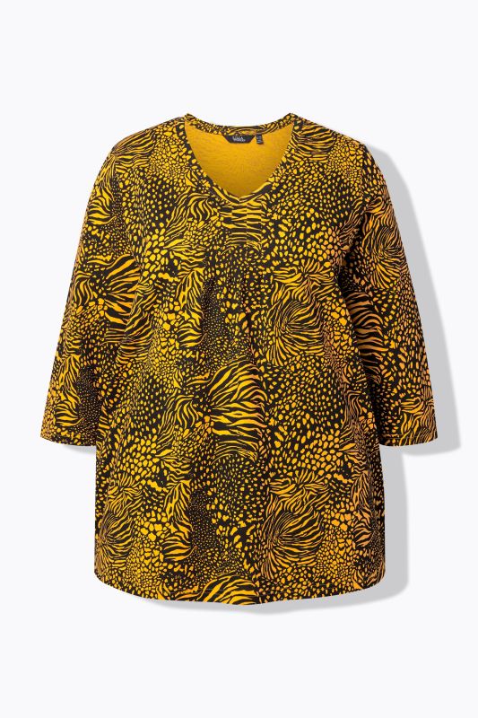 T-shirt coupe évasée, motif animal, décolleté en V et manches 3/4