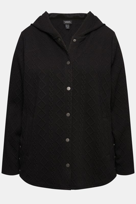 Veste à capuche, motif torsadé et boutons-pression. Dos plus long.