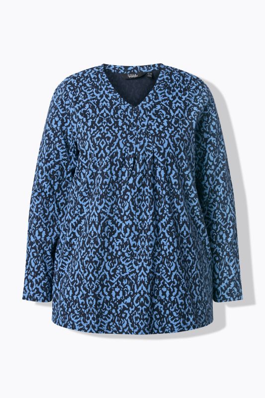 T-shirt avec plis fantaisie, décolleté en V et manches 3/4, coupe évasée