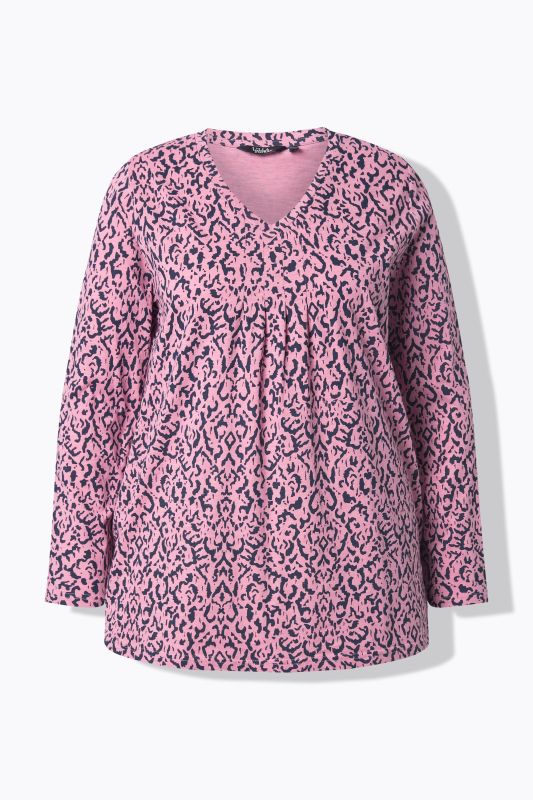 T-shirt avec plis fantaisie, décolleté en V et manches 3/4, coupe évasée