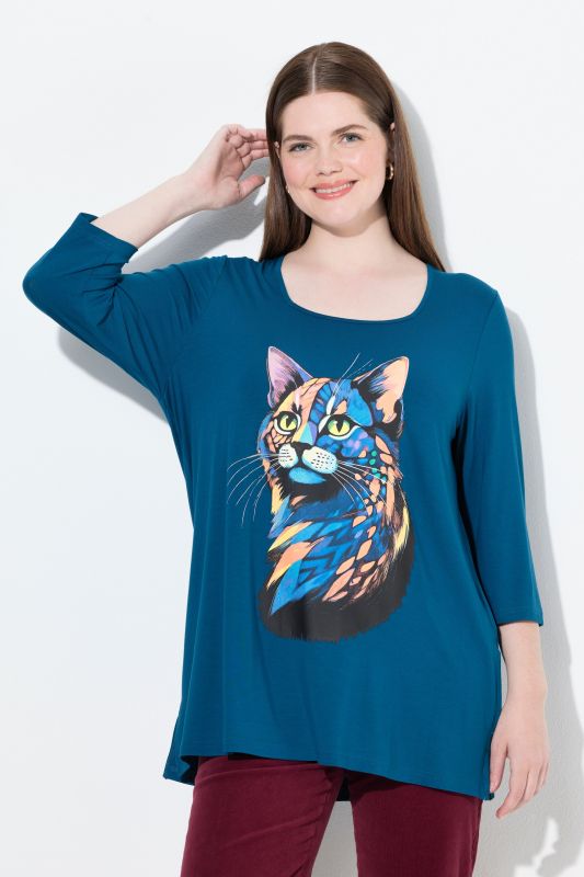 T-shirt encolure carrée et manches 3/4, coupe évasée, motif animal