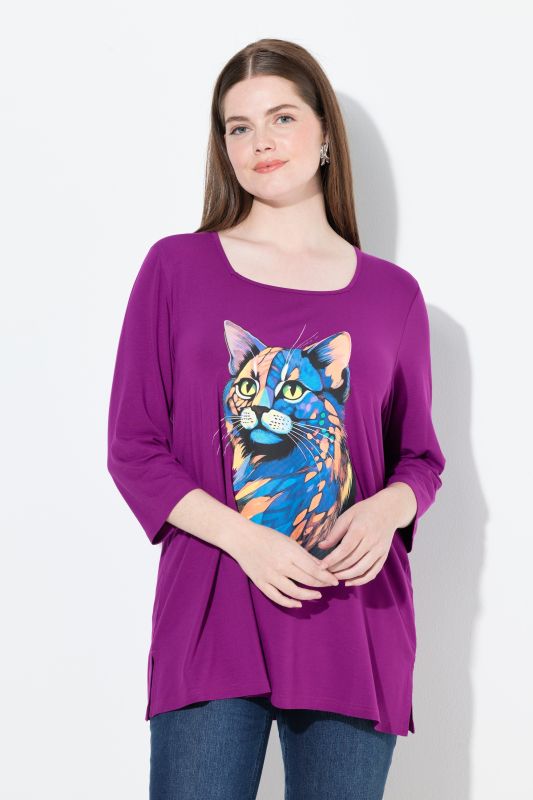 T-shirt encolure carrée et manches 3/4, coupe évasée, motif animal
