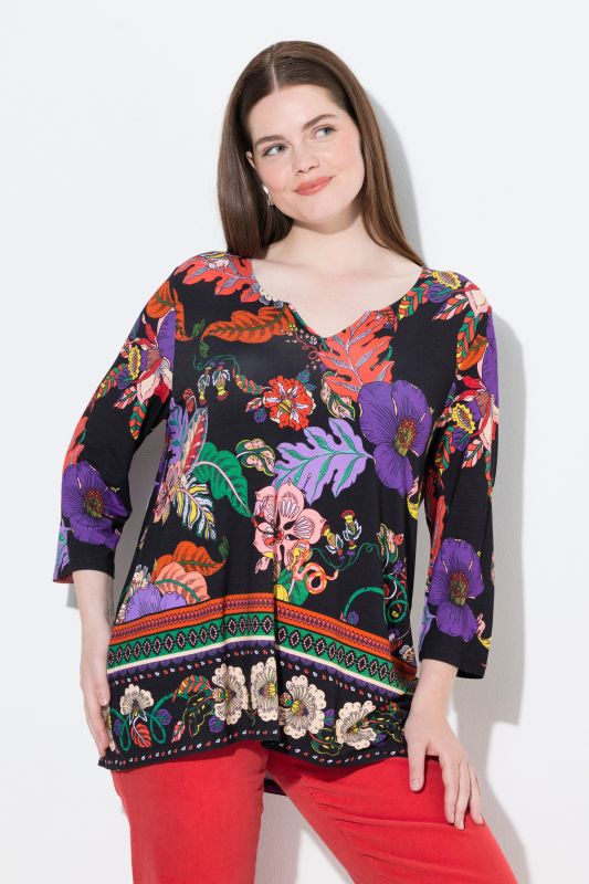 T-shirt col tunisien et manches 3/4, motif champêtre et coupe évasée