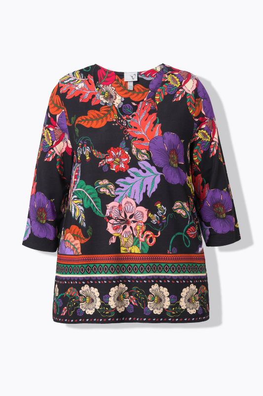 T-shirt col tunisien et manches 3/4, motif champêtre et coupe évasée
