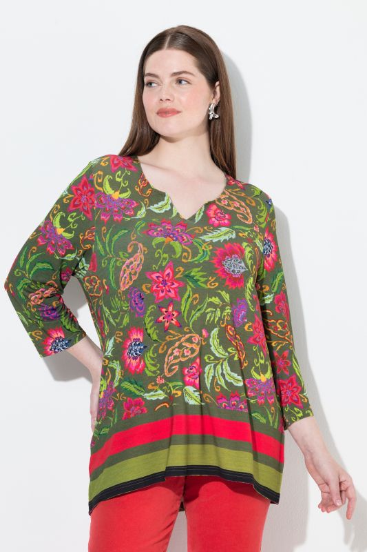 T-shirt col tunisien et manches 3/4, motif champêtre et coupe évasée