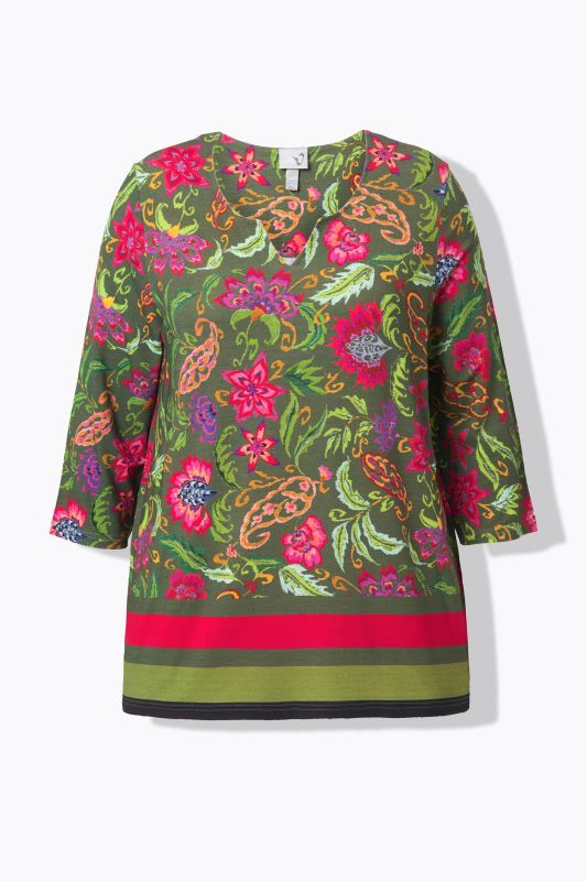 T-shirt col tunisien et manches 3/4, motif champêtre et coupe évasée