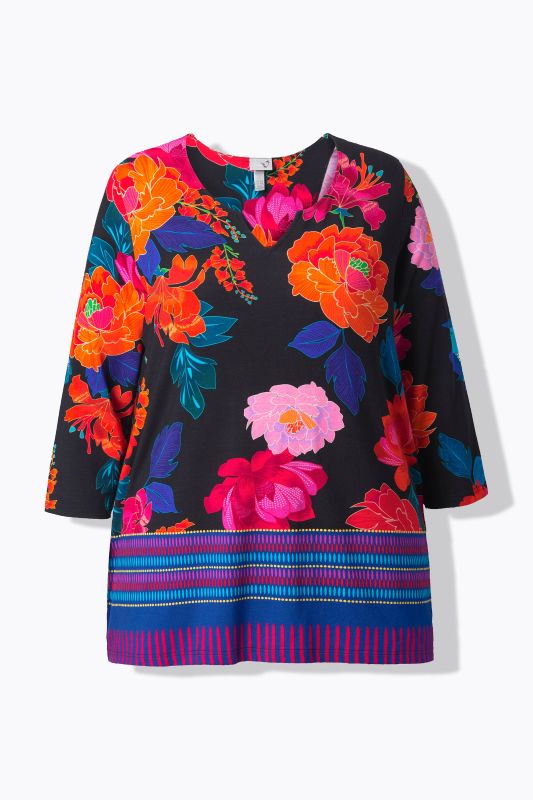 T-shirt col tunisien et manches 3/4, motif champêtre et coupe évasée