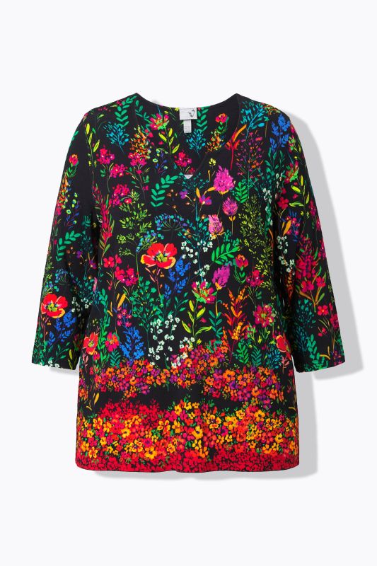 T-shirt col tunisien et manches 3/4, motif champêtre et coupe évasée