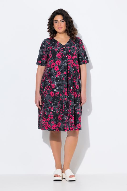 Robe midi en jersey, col en V et manches courtes, coupe évasée