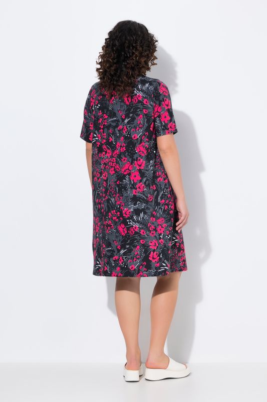 Robe midi en jersey, col en V et manches courtes, coupe évasée
