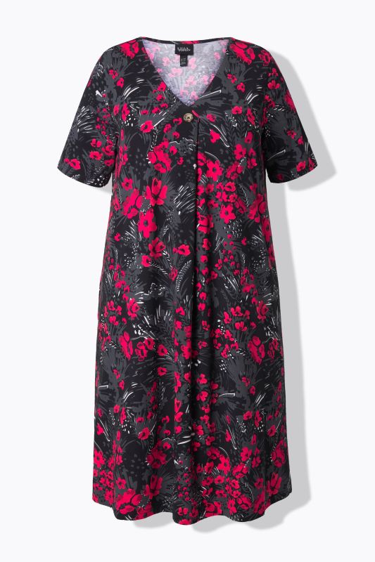 Robe midi en jersey, col en V et manches courtes, coupe évasée