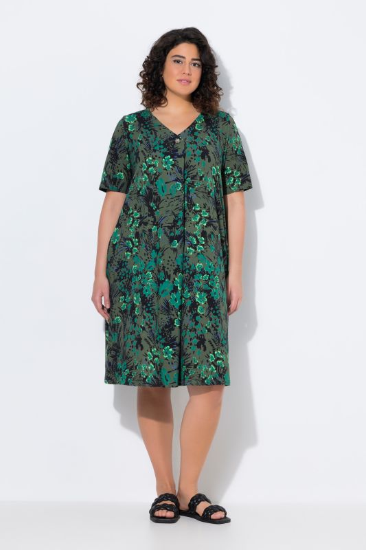 Robe midi en jersey, col en V et manches courtes, coupe évasée
