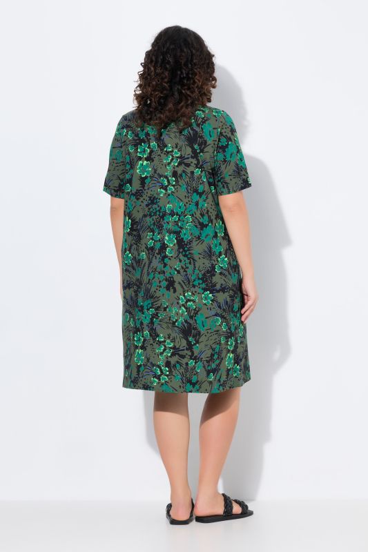 Robe midi en jersey, col en V et manches courtes, coupe évasée