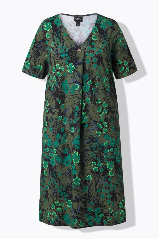 Robe midi en jersey, col en V et manches courtes, coupe évasée
