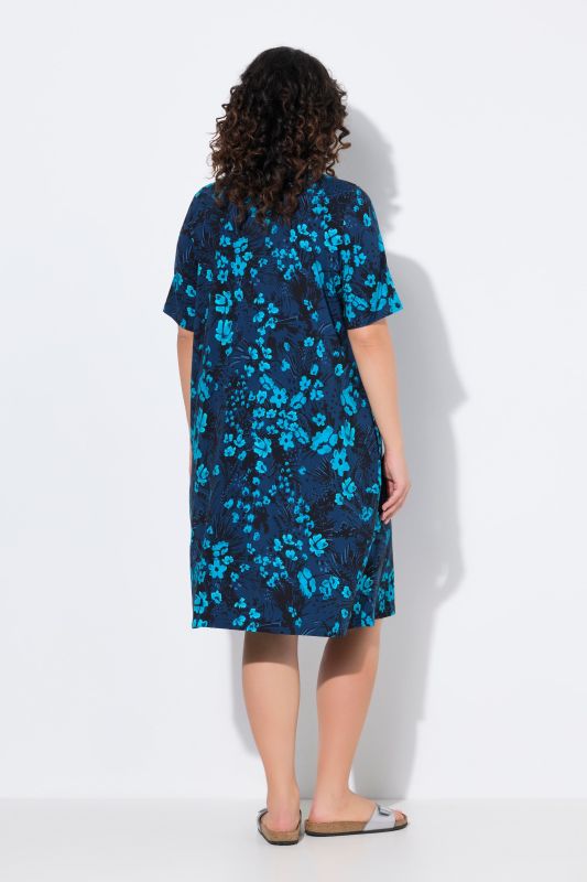 Robe midi en jersey, col en V et manches courtes, coupe évasée