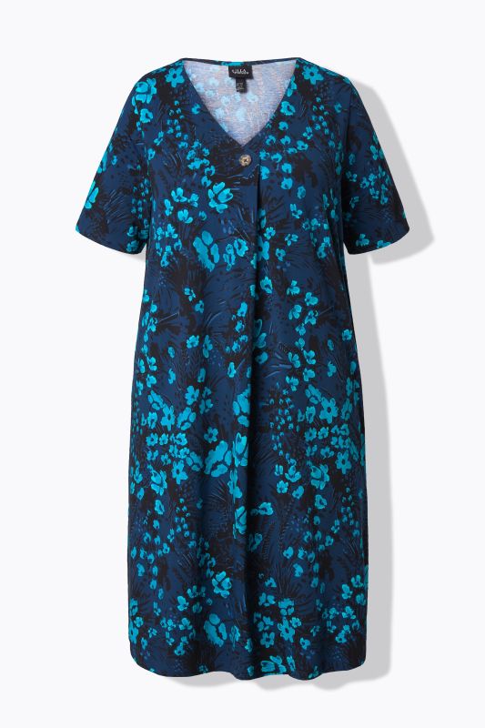 Robe midi en jersey, col en V et manches courtes, coupe évasée
