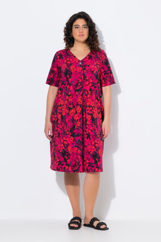 Robe midi en jersey, col en V et manches courtes, coupe évasée