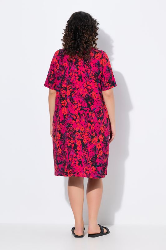 Robe midi en jersey, col en V et manches courtes, coupe évasée