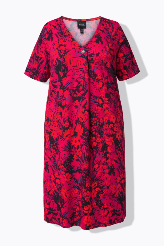 Robe midi en jersey, col en V et manches courtes, coupe évasée