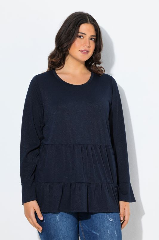 T-shirt à volants, tissu scintillant, décolleté rond et manches longues, coupe évasée