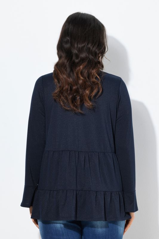T-shirt à volants, tissu scintillant, décolleté rond et manches longues, coupe évasée