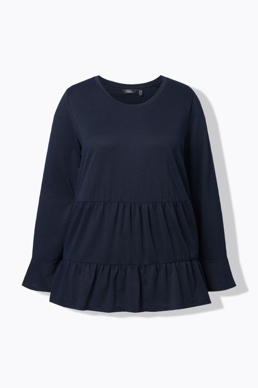 T-shirt à volants, tissu scintillant, décolleté rond et manches longues, coupe évasée