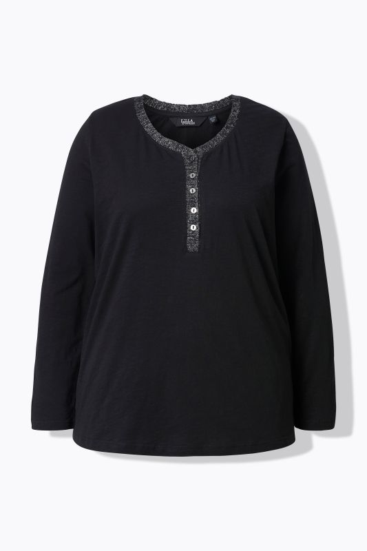 T-shirt encolure en V, patte de boutonnage en tissu pailleté, manches longues