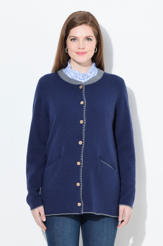 Cardigan long à col rond, broderie cerf, coupe évasée