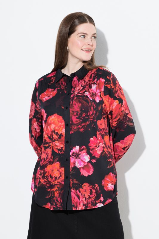 Chemisier motif roses, col chemise et manches longues