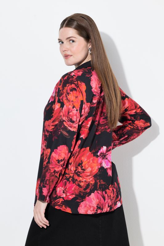 Chemisier motif roses, col chemise et manches longues
