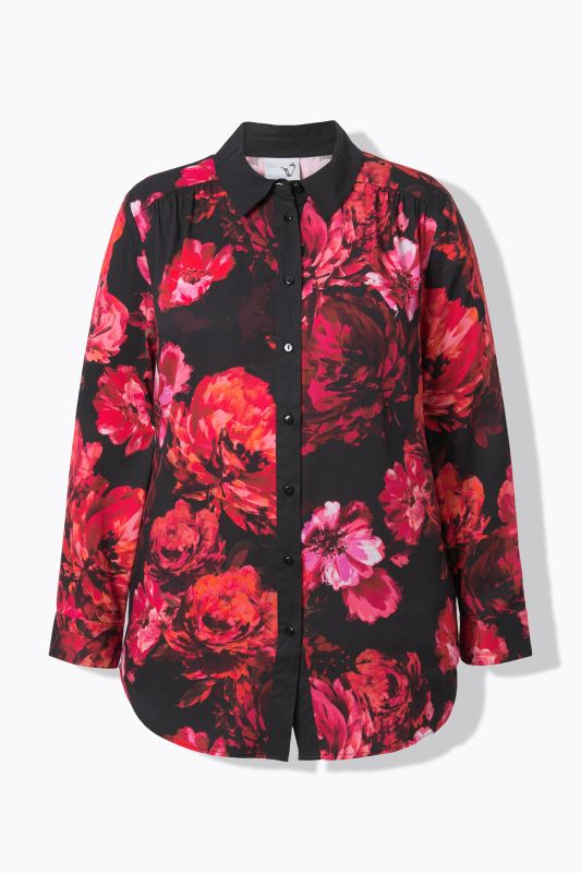 Chemisier motif roses, col chemise et manches longues